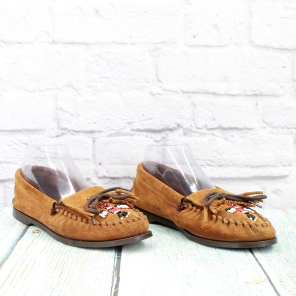 *Minnetonka Thunderbird Brown Suede Slip On Moccasin Flat Boat Shoes Size - Picture 3 of 9